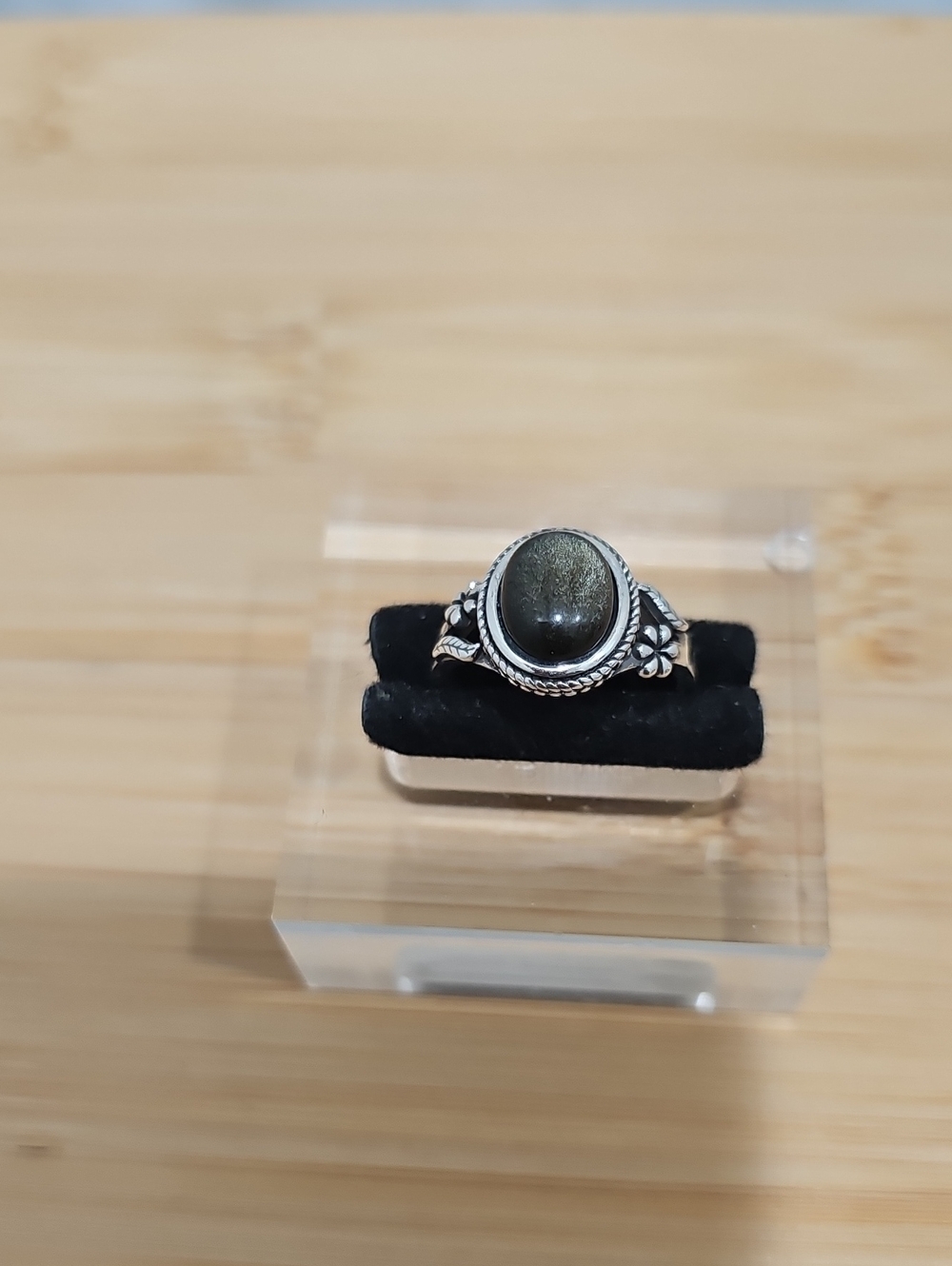 Sterling Silver Ring with Green Oval Obsidian Stone